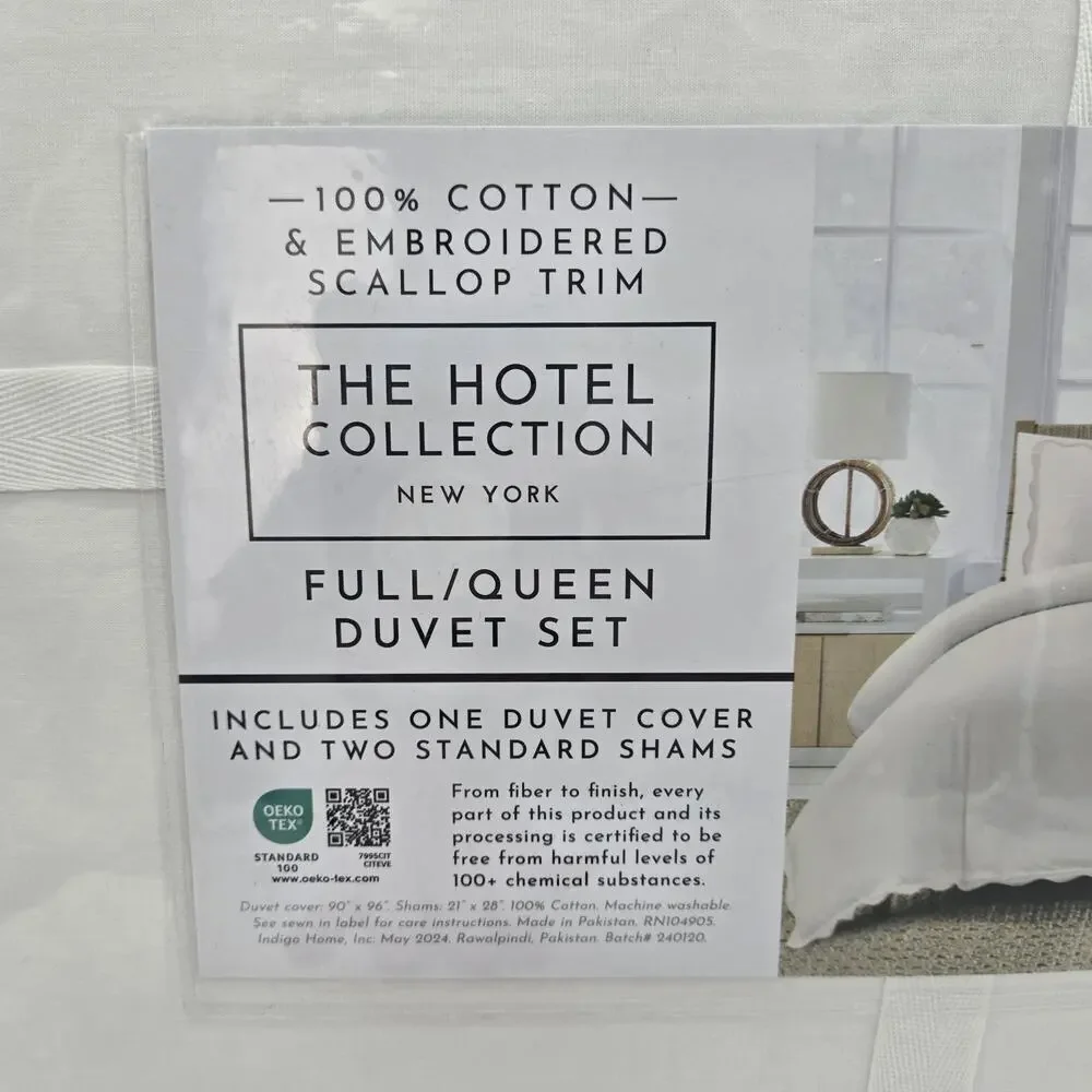 Hotel Collection Duvet Set QUEEN FULL White Embroidered Scalloped Trim Cotton